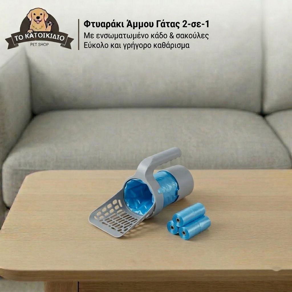 Φτυαράκι Άμμου Γάτας 2-σε-1 με Ενσωματωμένο Κάδο & Σακούλες